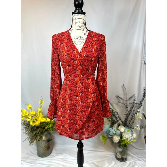 One Way Wrap Around Paisley Mini Dress Long Sleeves Red/Orange 12 - Picture 2 of 13